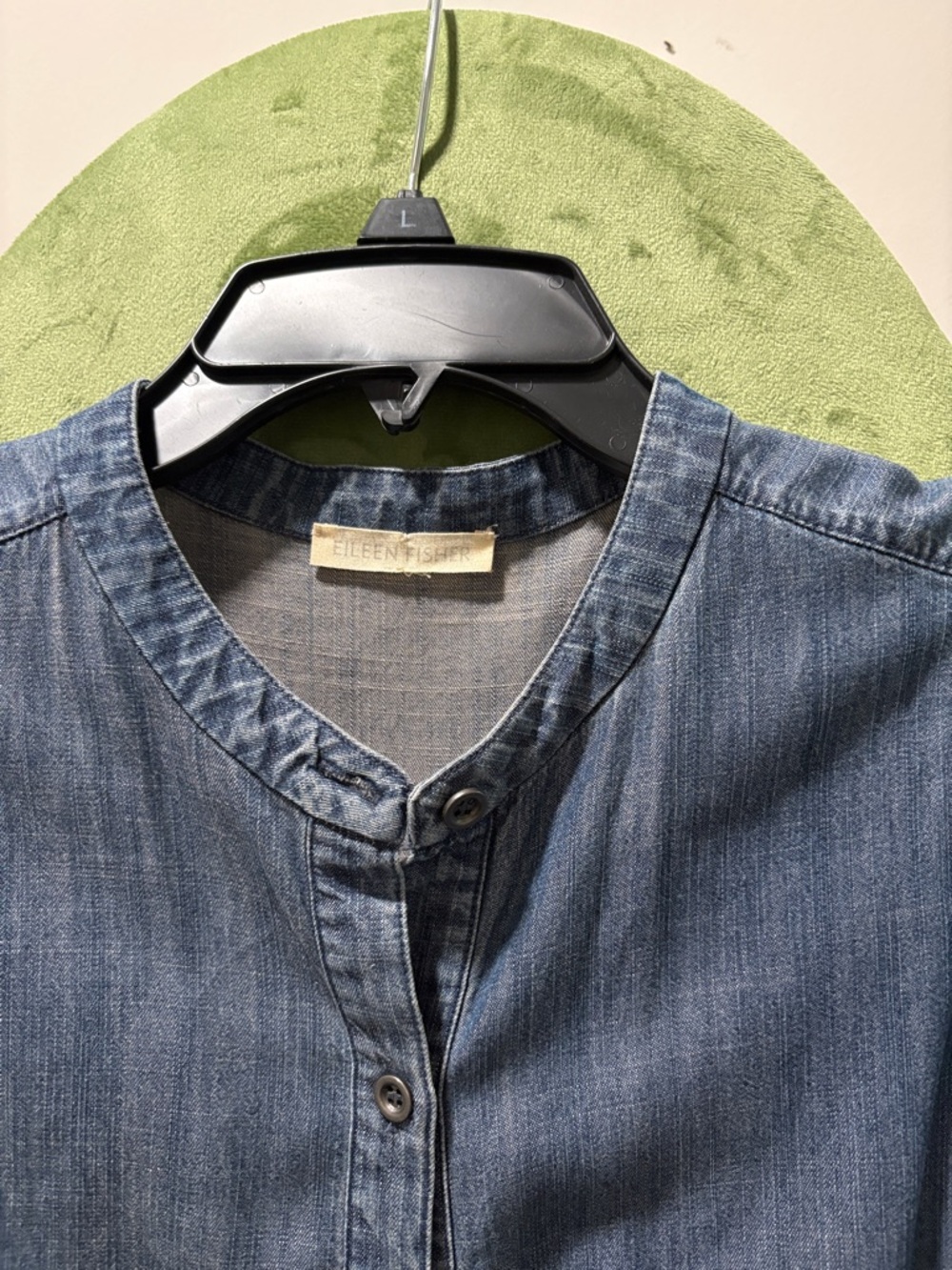 Eileen Fisher Indigo Denim Collarless Button Shirt